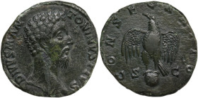 Divus Marcus Aurelius (died 180 AD). AE Sestertius. Consecration issue. Rome mint. Struck under Commodus, AD 180. Obv. DIVVS M ANTONINVS PIVS. Bare he...