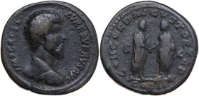 Lucius Verus (161-169). AE Sestertius. Struck 161 AD. Obv. IMP CAES L AVREL VERVS AVG. Draped and cuirassed bust right, head bare. Rev. CONCORD AVGVST...