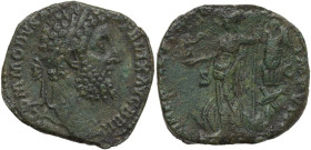 Commodus (177-192). AE Sestertius. Struck 189 AD. Obv. M COMMODVS ANT P FELIX AVG BRIT. Laureate head right. Rev. [...]. Minerva standing left, holdin...