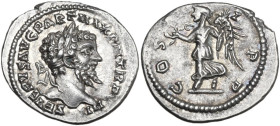 Septimius Severus (193-211). AR Denarius. Laodicea mint. Struck AD 201-202. Obv. SEVERVS AVG PART MAX PM TR P VIIII. Laureate head right. Rev. COS [.....