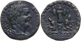 Septimius Severus (193-211). AE Sestertius, 195 AD. Obv. L SEPT SEV PERT AVG IMP V. Laureate and cuirassed bust right. Rev. PART ARAB PART ADIAB COS I...