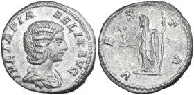 Julia Domna, wife of Septimius Severus (died 217 AD). AR Denarius, struck under Caracalla. Obv. IVLIA PIA FELIX AVG. Draped bust right. Rev. VESTA. Ve...