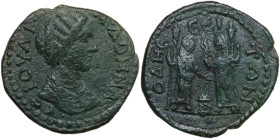 Julia Domna, wife of Septimius Severus (died 217 AD). AE 24 mm. Odessos mint (Thrace). Obv. Bare-headed and draped bust right. Rev. Demeter and Kore-P...