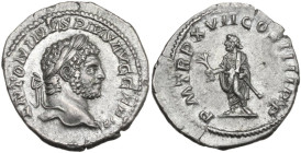 Caracalla (198-217). AR Denarius, 214 AD. Obv. ANTONINVS PIVS AVG GERM. Laureate bust right. Rev. PM TR P XVII COS IIII P P. Genius of the Senate stan...
