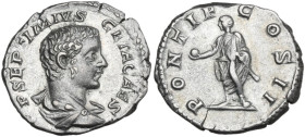 Geta as Caesar (198-209). AR Denarius. Rome mint. Struck under Septimius Severus, AD 209. Obv. P SEPTIMIVS GETA CAES. Draped and cuirassed bust right,...