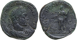 Elagabalus (218-222 AD). AE Sestertius, 221 AD. Obv. IMP CAES M AVR ANTONINVS PIVS AVG. Laureate, horned, draped and cuirassed bust right. Rev. SACERD...