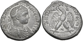 Elagabalus (218-222). BI Tetradrachm. Struck AD 219. Antioch mint (Seleucis and Pieria). Obv. Laureate, draped and cuirassed bust right. Rev. Eagle st...