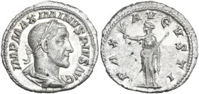 Maximinus I (225-238). AR Denarius. Obv. IMP MAXIMINVS PIVS AVG. Laureate, draped and cuirassed bust right. Rev. PAX AVGVSTI. Pax standing facing, hea...