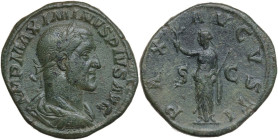 Maximinus I (225-238). AE Sestertius, 236-237 AD. Obv. IMP MAXIMINVS PIVS AVG. Laureate, draped and cuirassed bust right. Rev. PAX AVGVSTI SC. Pax sta...