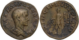 Maximus (Caesar 235-238). AE Sestertius, Rome mint. Obv. MAXIMVS CAES GERM. Bare-headed and draped bust right. Rev. PRINCIPI IVVENTVTIS SC. Maximus st...