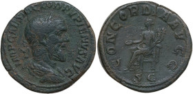 Pupienus (238 AD). AE Sestertius, Rome mint. Obv. IMP CAES M CLOD PVPIENVS AVG. Laureate, draped and cuirassed bust right. Rev. CONCORDIA AVGG / S C. ...