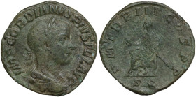 Gordian III (238-244). AE Sestertius, 240 AD. Obv. IMP GORDIANVS PIVS FEL AVG. Laureate, draped and cuirassed bust right. Rev. PM TR P III COS PP SC. ...