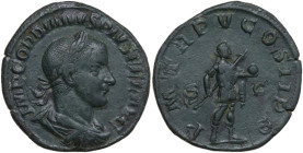 Gordian III (238-244). AE Sestertius, 242 AD. Obv. IMP GORDIANVS PIVS FEL AVG. Laureate, draped, and cuirassed bust right. Rev. PM TR P V COS II PP SC...