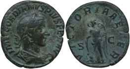 Gordian III (238-244). AE Sestertius, 5th issue. Obv. IMP GORDIANVS PIVS FEL AVG. Laureate, draped and cuirassed bust right. Rev. VICTORIA AETER SC. V...
