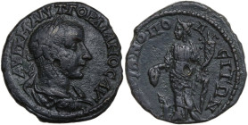 Gordian III (238-244). AE 26 mm, Hadrianopolis mint (Thrace). Obv. Laureate, draped and cuirassed bust right. Rev. Homonoia standing left, holding pat...