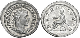 Philip I (244-249). AR Antoninianus, c. 245 A.D. Obv. IMP M IVL PHILIPPVS AVG. Radiate, draped and cuirassed right. Rev. P M TR P II COS P P. Philip s...