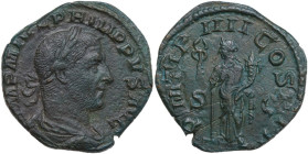 Philip I (244-249). AE Sestertius, 247 AD. Obv. IMP M IVL PHILIPPVS AVG. Laureate, draped and cuirassed bust right. Rev. PM TR P IIII COS II P P SC. F...