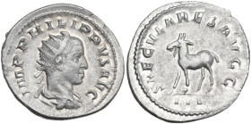 Philip II (247-249). AR Antoninianus, Rome mint, 248 AD. Obv. IMP PHILIPPVS AVG. Radiate, draped and cuirassed bust right. Rev. SAECVLARES AVGG. Goat ...