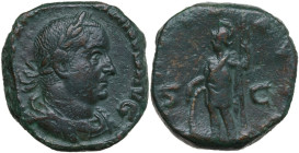 Valerian I (253-260). AE Sestertius. Rome mint, 254 AD. Obv. IMP C P LIC VALERIANVS AVG. Laureate, draped, and cuirassed bust right. Rev. VIRTVS AVGG ...