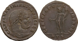 Galerius (305-311). AE Follis, 297-298, Heraclea mint. Obv. GAL VAL MAXIMIANVS NOB CAES. Laureate head right. Rev. GENIO POPVLI ROMANI. Genius standin...