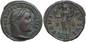 Maximinus II Daia (309-313). AE Follis. Alexandria mint, 312 AD. Obv. IMP C GAL VAL MAXIMINVS PF AVG. Laureate head right. Rev. GENIO AVGVSTI. Genius ...