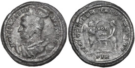 Constantine I (307-337 AD.). Billon Argenteus, Treveri mint. Obv. IMP CONSTANTINVS AVG. Helmeted and cuirassed bust left, holding spear over shoulder....