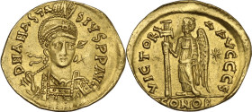 Anastasius I (491-518). AV Solidus. Constantinople mint, 6th officina. Struck 492-507. Obv. DN ANASTASIVS PP AVC. Helmeted and cuirassed bust facing s...