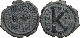 Justin II and Sophia (565-578). AE Half Follis, Nicomedia mint. RY 4 (573/4). Obv. Justin and Sophia seated facing on double throne. Rev. Large K betw...