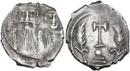 Constans II (641-668) with Constantine IV. AR Hexagram. Constantinople mint, 654-659 AD. Obv. Facing busts of Constans with long beard, and Constantin...