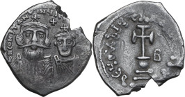 Constans II (641-668) with Constantine IV. AR Hexagram. Constantinople mint, 654-659 AD. Obv. [dN] CONSTANTINYS C CONSTANT. Facing busts of Constans w...