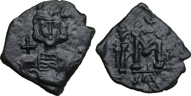 Constantine IV Pogonatus, with Heraclius and Tiberius (668-685). AE Follis. Syra...