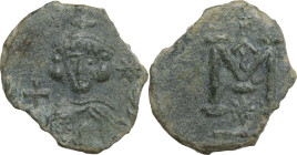 Justinian II (Second Reign, 705-711). AE Follis. Syracuse mint. Struck 708-9. Obv. Crowned and draped half-length facing bust, holding globus cruciger...