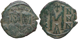 Michael II with Theophilus (821-829). AE Follis. Constantinople mint. Struck 821-829. Obv. mIXA HL S ΘEOFIL'. Crowned facing busts of Michael, wearing...