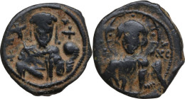 Alexius I (1081-1118). AE Tetarteron, Thessalonica mint. Obv. Facing bust of Christ Pantokrator. Rev. Facing bust of Alexius Ieft, holding cruciform s...