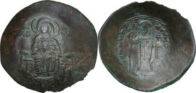 Manuel I Comnenus (1143-1180). BI Aspron Trachy. Constantinople mint. Struck circa 1160-1164. Obv. The Theotokos seated facing on throne, holding head...