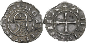 Antioch. Bohemond III, Majority (1163-1201). BI Denier. D/ Helmeted head left, crescent left, star right, chain mail composed of crescents. R/ Cross p...