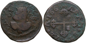 Cagliari. Carlo II di Spagna (1665-1700). 3 cagliaresi 1668. CNI 9/10; MIR (Piem. Sard. Lig. Cors.) 91/1; Sollai 6/14. CU. 9.54 g. 25.00 mm. NC. MB+/q...