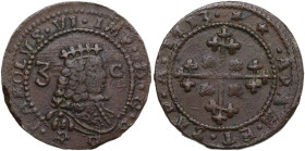 Cagliari. Carlo III di Spagna (1708-1718). 3 cagliaresi 1713. CNI 14/16; MIR (Piem. Sard. Lig. Cors.) 100; Sollai 18/23. CU. 6.26 g. 24.00 mm. BB+.