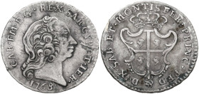 Carlo Emanuele III (1730-1773). Monetazione per la Sardegna. Reale nuovo 1768. MIR (Savoia) 962a; Simonetti 49; Biaggi 827a. MI. 3.33 g. 23.00 mm. Pic...
