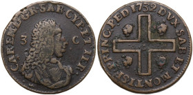 Carlo Emanuele III (1730-1773). Monetazione per la Sardegna. 3 cagliaresi 1732 I tipo, Torino. MIR (Savoia) 966; Simonetti 53; Biaggi 831. CU. 7.37 g....