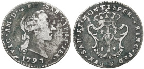 Vittorio Amedeo III (1773-1796), monetazione per la Sardegna. Reale 1793, Torino. MIR (Savoia) 1005h; Simonetti 27; Biaggi 866c. MI. 2.86 g. 22.00 mm....