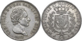 Carlo Felice (1821-1831). 5 lire 1827 Genova. Pag. 71; MIR (Savoia) 1035i. AG. 25.00 g. 37.00 mm. Patina riposata da riflessi dorati. SPL.