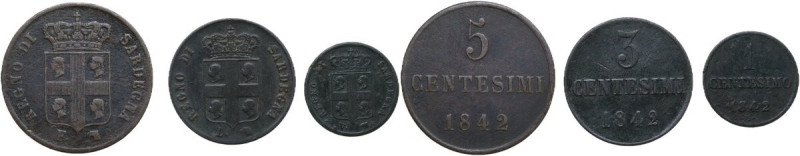 Carlo Alberto (1831-1849). Lotto di tre monete per la Sardegna: 5 centesimi, 2 c...