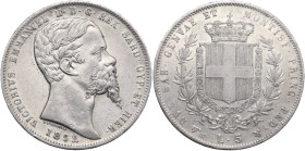 Vittorio Emanuele II (1849-1861). 5 lire 1852 Genova. Pag. 374; MIR (Savoia) 1057e. AG. 37.00 mm. R. Bei fondi. BB+.
