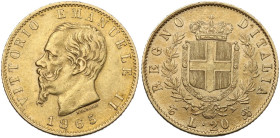 Vittorio Emanuele II (1861-1878). 20 lire 1865 Torino. Pag. 459; MIR (Savoia) 1078f. AU. 6.45 g. 21.00 mm. qSPL.