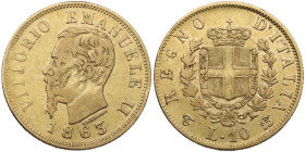Vittorio Emanuele II (1861-1878). 10 lire 1863 Torino. Pag. 477; MIR (Savoia) 1079b. AU. 3.15 g. 18.50 mm. qBB/BB.