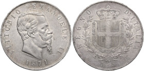 Vittorio Emanuele II (1849-1878). 5 lire 1871 Milano. Pag. 492; MIR (Savoia) 1082m. AG. 37.00 mm. Patina riposata. qSPL.