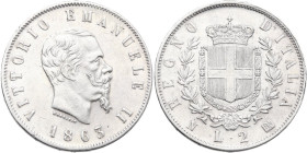 Vittorio Emanuele II (1849-1878). 2 lire 1863 Napoli. Pag. 506; MIR (Savoia) 1083c. AG. 27.00 mm. Bel BB.