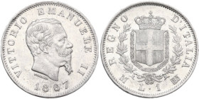 Vittorio Emanuele II (1849-1878). Lira 1867 Milano. Pag. 518; MIR (Savoia) 1085g. AG. 23.00 mm. Bei fondi. SPL.