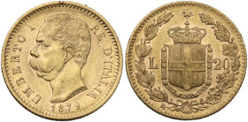 Umberto I (1878-1900). 20 lire 1879. Pag. 575; MIR (Savoia) 1098a. AU. 6.45 g. 21.00 mm. Segnetto al ciglio. SPL.